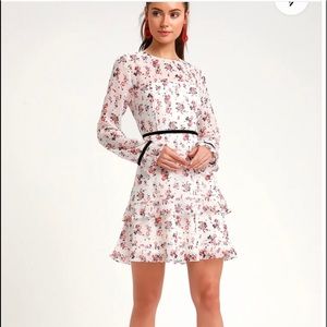 White Floral Print Long Sleeve Mini Dress